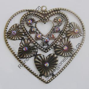 Iron Pendant With Crystal Beads. Fashion Jewelry findings. Lead-free. Heart 62x58mm Sold by Bag