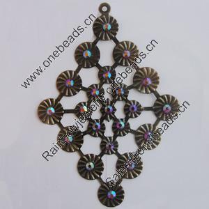 Iron Pendant With Crystal Beads. Fashion Jewelry findings. Lead-free. Diamond 55x79mm Sold by Bag