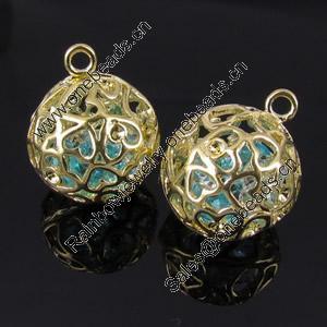 Copper Hollow Pendant with Crystal, Fashion Jewelry Findings, Lead-free, Round 16x16mm, Sold by PC
