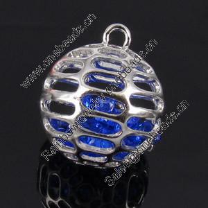 Copper Hollow Pendant with Crystal, Fashion Jewelry Findings, Lead-free, Round 17x17mm, Sold by PC