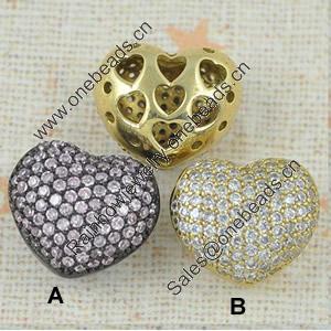 Copper Zircon Beads, Fashion jewelry findings, A Grade Heart 15mm, Sold by PC