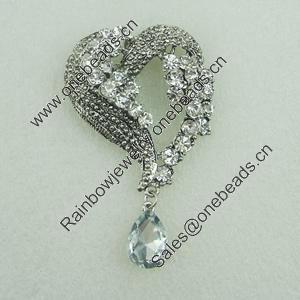 Pendant With Crystal Beads. Fashion Zinc Alloy Jewelry Findings. Lead-free. Heart 68x40mm. Sold by Bag