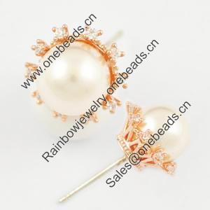 Fashion Copper earrings Jewelry, with Crystal and pearl, Head Size:11mm, Sold by bag