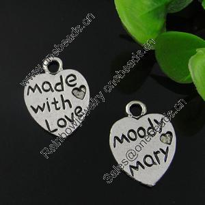 Pendant. Fashion Zinc Alloy Jewelry Findings. Lead-free. Heart 19x19mm. Sold by Bag
