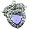 Crystal Zinc alloy Pendant, Fashion jewelry findings, Many colors for choice, Heart 26x28mm, Sold By PC