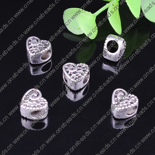 European Style Beads Zinc Alloy Jewelry Findings Lead-free, Heart 10x11mm Hole:5mm, Sold by Bag