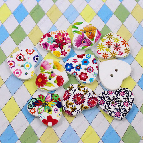 Wooden Button/Beads, Fashion DIY-accessories Mixed color Mixed Pattern, Heart 25x25mm,  Sold by Bag
