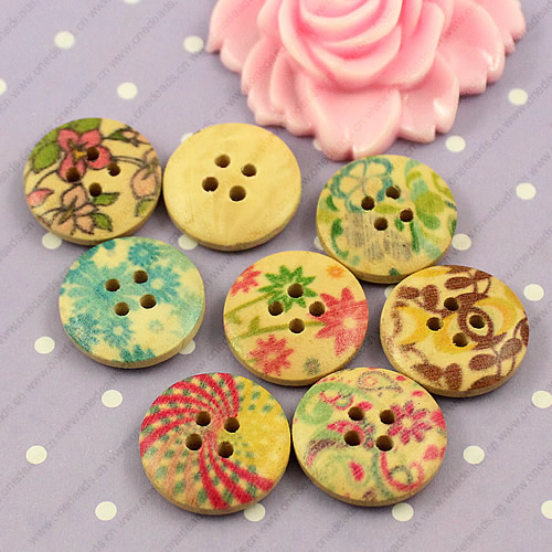 Wooden Button/Beads, Fashion DIY-accessories Mixed color Mixed Pattern, Flat Round 18x18mm,  Sold by Bag