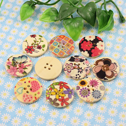 Wooden Button/Beads, Fashion DIY-accessories Mixed color Mixed Pattern,Flat Round 25x25mm,  Sold by Bag