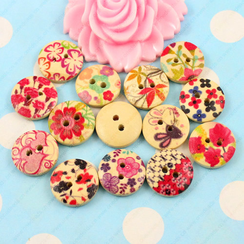 Wooden Button/Beads, Fashion DIY-accessories Mixed color Mixed Pattern Flat Round, 15x15mm,  Sold by Bag