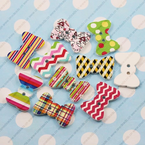 Wooden Button/Beads, Fashion DIY-accessories Mixed color Mixed Pattern, Bowknot 30x20mm,  Sold by Bag