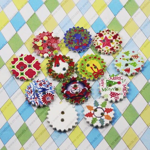 Wooden Button/Beads, Fashion DIY-accessories Mixed color Mixed Pattern, Flat Round 24x24mm,  Sold by Bag