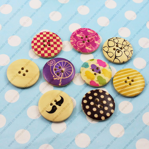 Wooden Button/Beads, Fashion DIY-accessories Mixed color Mixed Pattern, Flat Round 30x30mm,  Sold by Bag