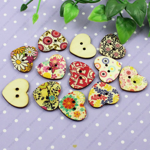 Wooden Button/Beads, Fashion DIY-accessories Mixed color Mixed Pattern, Heart 25x21mm,  Sold by Bag