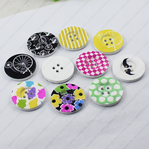 Wooden Button/Beads, Fashion DIY-accessories Mixed color Mixed Pattern, Flat Round 30x30mm,  Sold by Bag