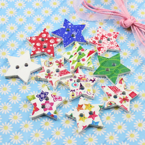 Wooden Button/Beads, Fashion DIY-accessories Mixed color  Mixed Pattern, Star 25x25mm,  Sold by Bag