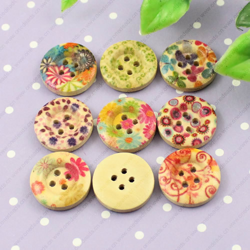 Wooden Button/Beads, Fashion DIY-accessories Mixed color  Mixed Pattern, Flat Round 18x18mm,  Sold by Bag