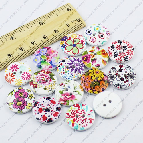 Wooden Button/Beads, Fashion DIY-accessories Mixed color  Mixed Pattern, Flat Round 20x20mm,  Sold by Bag