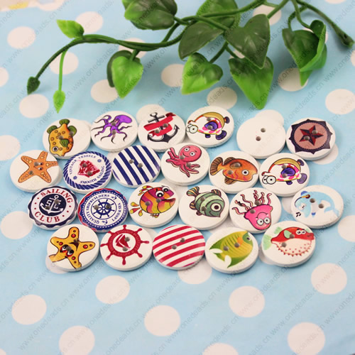 Wooden Button/Beads, Fashion DIY-accessories Mixed color  Mixed Pattern,Flat Round 20x20mm,  Sold by Bag
