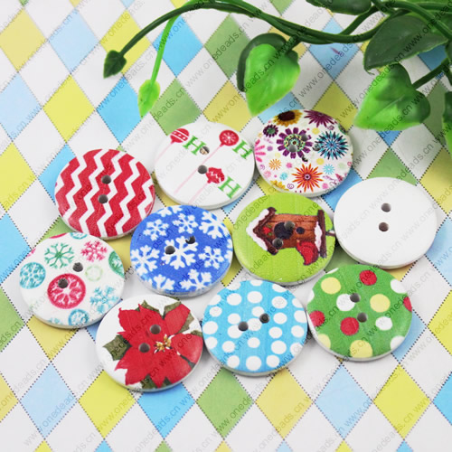 Wooden Button/Beads, Fashion DIY-accessories Mixed color  Mixed Pattern,Flat Round 25x25mm,  Sold by Bag