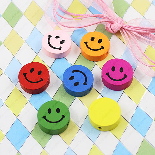 Wooden Beads, Fashion DIY-accessories for Bracelet/Necklace Mixed color Smiling face 18x18mm, Sold by bag