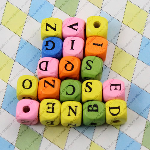 Wooden Beads, Fashion DIY-accessories for Bracelet/Necklace Mixed color & Mixed Letters 10x10mm, Sold by bag
