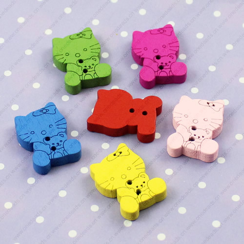 Wooden Button/Beads, Fashion DIY-accessories Mixed color Mixed Pattern Cats, 23x17mm,  Sold by Bag