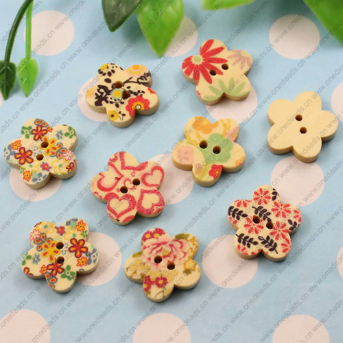 Solid Wooden Button/Beads, Fashion DIY-accessories Mixed color Mixed Pattern Flower, 18mm,Hole:2mm Sold by Bag