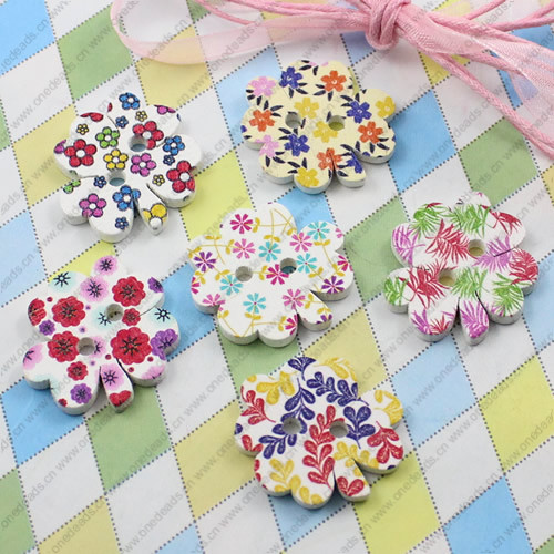 Wooden Button/Beads, Fashion DIY-accessories Mixed color Mixed Pattern Flower, 24x25mm,Hole:3mm Sold by Bag
