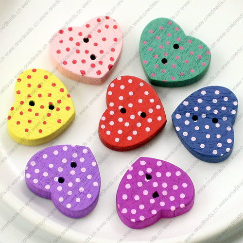 Wooden Button/Beads, Fashion DIY-accessories Mixed color Heart, 15x13mm,Hole:1mm Sold by Bag
