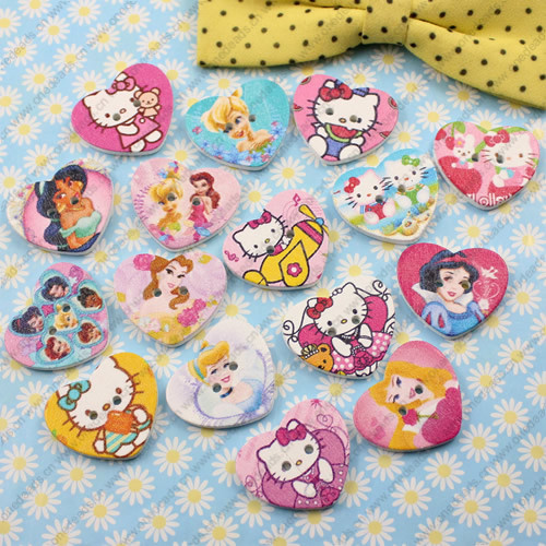 Wooden Button/Beads, Fashion DIY-accessories Mixed color Mixed Pattern Heart, 22x26mm,Hole:2mm Sold by Bag