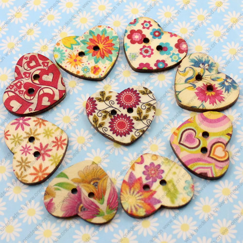 Solid Wooden Button/Beads, Fashion DIY-accessories Mixed color Mixed Pattern Heart, 25x21mm,Hole:2mm Sold by KG
