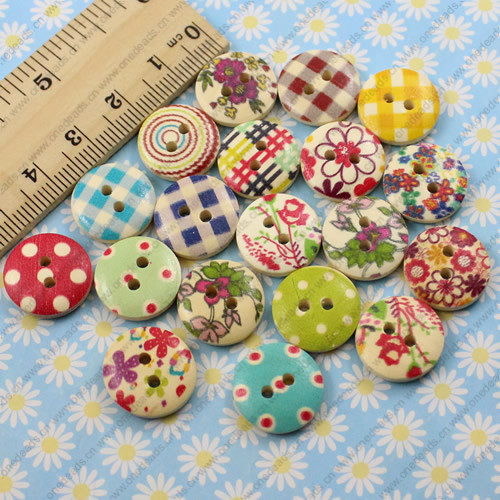 Solid Wooden Button/Beads, Fashion DIY-accessories Mixed color Mixed Pattern Flat Round, 15mm,Hole:2mm Sold by Bag