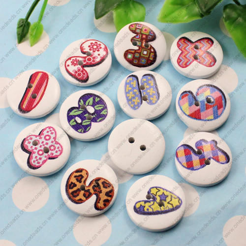Wooden Button/Beads, Fashion DIY-accessories Mixed color Mixed Pattern Flat Round, 20mm,Hole:2mm Sold by Bag