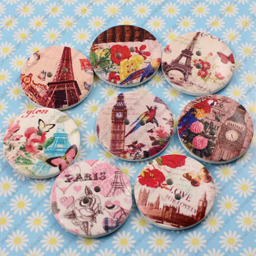 Wooden Button/Beads, Fashion DIY-accessories Mixed color Mixed Pattern Flat Round, 30mm,Hole:2.5mm Sold by Bag