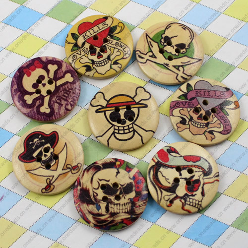 Solid Wooden Button/Beads, Fashion DIY-accessories Mixed color Mixed Pattern Flat Round, 30mm,Hole:3mm Sold by Bag