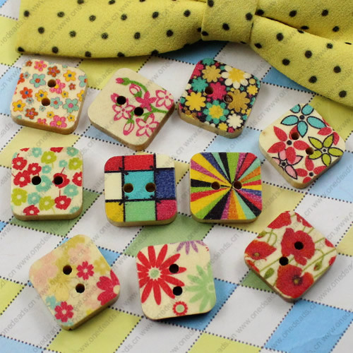 Solid Wooden Button/Beads, Fashion DIY-accessories Mixed color Mixed Pattern Square, 15mm,Hole:2mm Sold by Bag