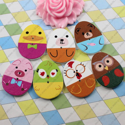 Wooden Button/Beads, Fashion DIY-accessories Mixed color Mixed Pattern Flat Oval, 31x24mm,Hole:1.5mm Sold by Bag