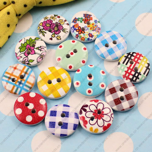 Wooden Button/Beads, Fashion DIY-accessories Mixed color Mixed Pattern Flat Round, 15mm,Hole:2mm Sold by Bag