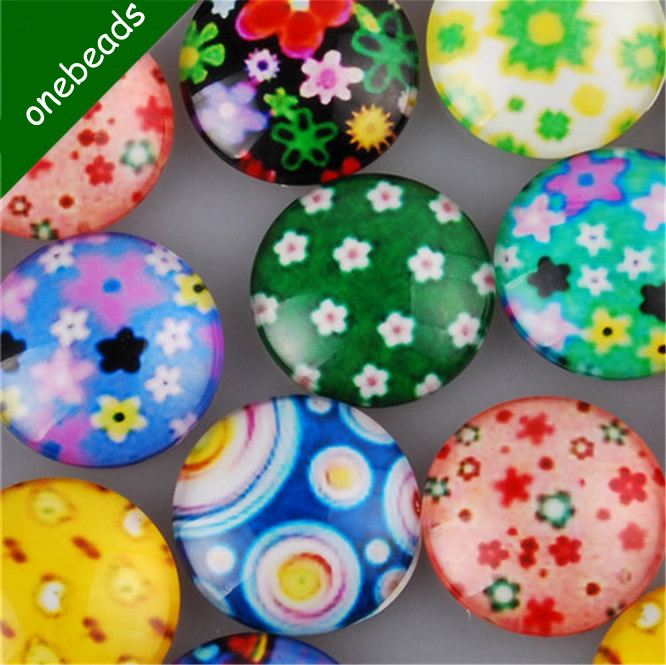 Mixed Style Fashion Flower Round Glass Cabochon Dome Cameo 25mm Sold by PC
