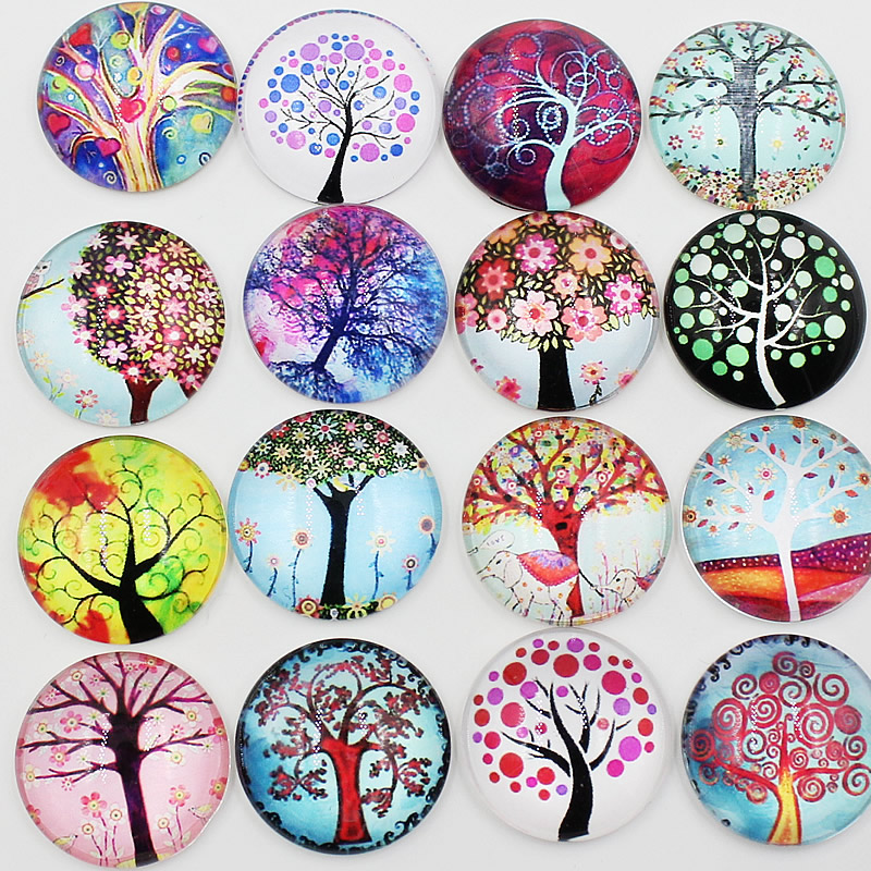 Mixed Style Fashion Life Tree Round Glass Cabochon Dome Cameo 25mm Sold by PC
