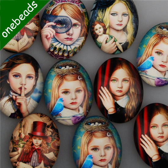 Mixed Style Fashion Girl Oval Glass Cabochon Dome Cameo 30x40mm Sold by PC
