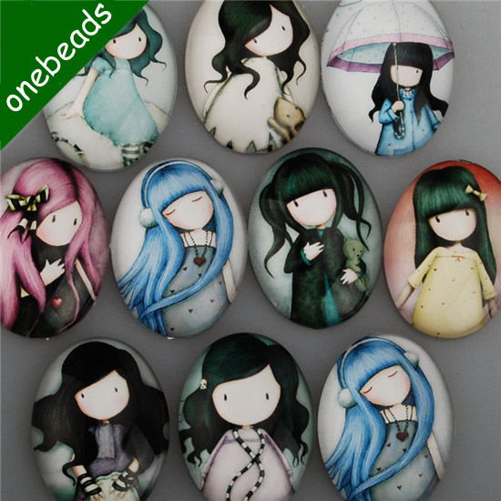 Mixed Style Fashion Carton Girl Oval Glass Cabochon Dome Cameo 30x40mm Sold by PC