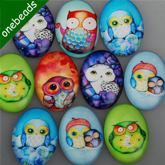 Mixed Style Fashion Owl Animal Oval Glass Cabochon Dome Cameo 30x40mm Sold by PC
