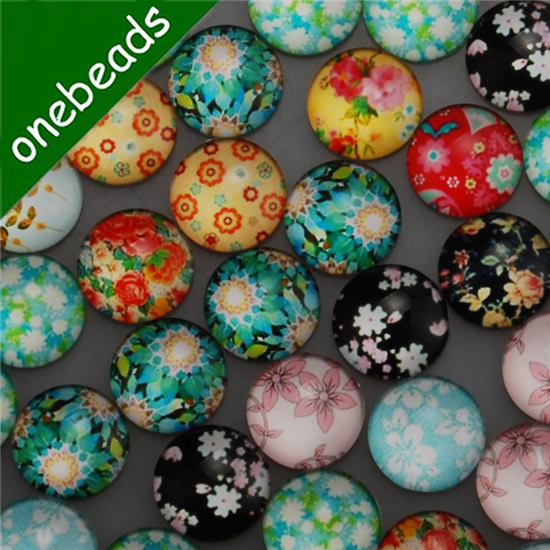 Fashion Mixed Style Flowers Round Glass Cabochon Dome Cameo Jewelry Finding 18mm Sold by PC