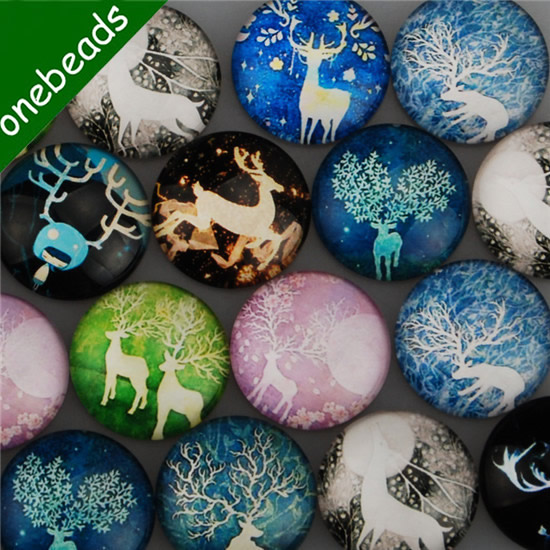 Fashion Mixed Style Cartoo Deer Round Glass Cabochon Dome Cameo Jewelry Finding 30mm Sold by PC
