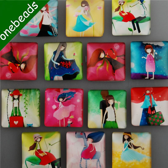 Fashion Mixed Style Cartoo Girl Square Glass Cabochon Dome Cameo Jewelry Finding 25x25mm Sold by PC
