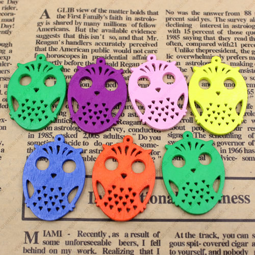 Wholesale Mixed color style Lead-free Owl/number Wooden Pendant Charm Beads 49x43mm Sold by PC