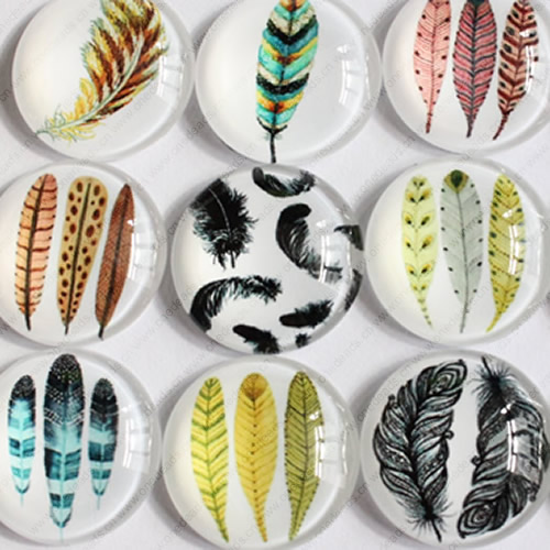 Fashion Mixed Style Feather Round Glass Cabochon Dome Cameo Jewelry Finding 14mm Sold by PC