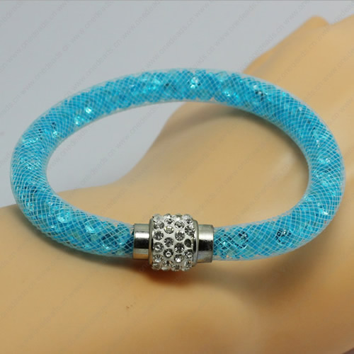 2016 Mesh Tube Bracelet Plastic Net Thread Cord Bracelet with Glass Crystal Beads and Brass Rhinestone Magnetic Clasp Length 19-21cm Sold by Strand